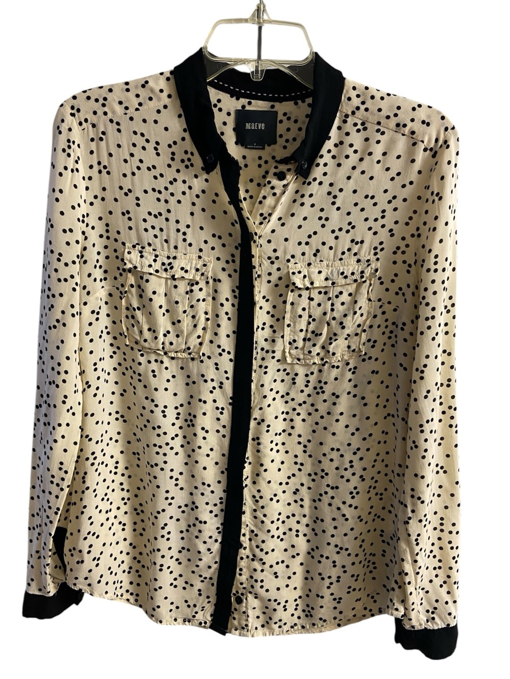 Anthropologie Maeve Polka Dot Button Front Blouse Cream Black Sz 4